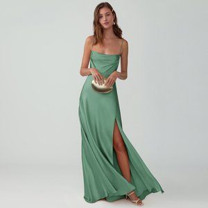 Strappy Draped Gown - Sage Satin - 2 - Fame and Partner